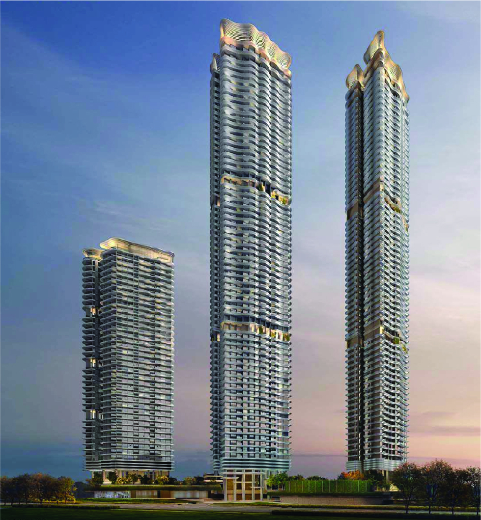 Three tall modern skyscrapers set against a dusky sky, with landscaped foreground and a low, podium-style base building at the center.