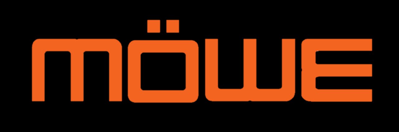 Orange Möwe wordmark logo on a black background, with two dots over the o indicating umlaut