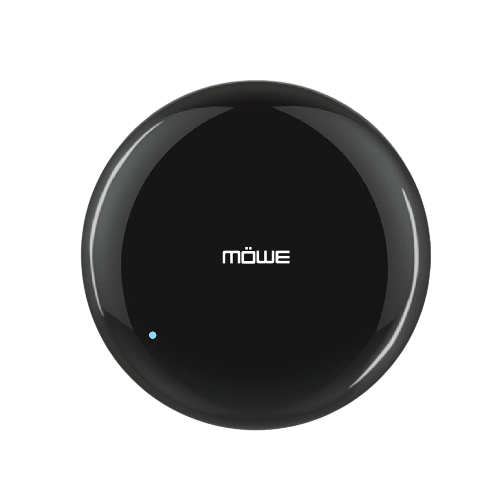 Top view of a round black Möwe device with a glossy surface and a small blue indicator dot on a black background.