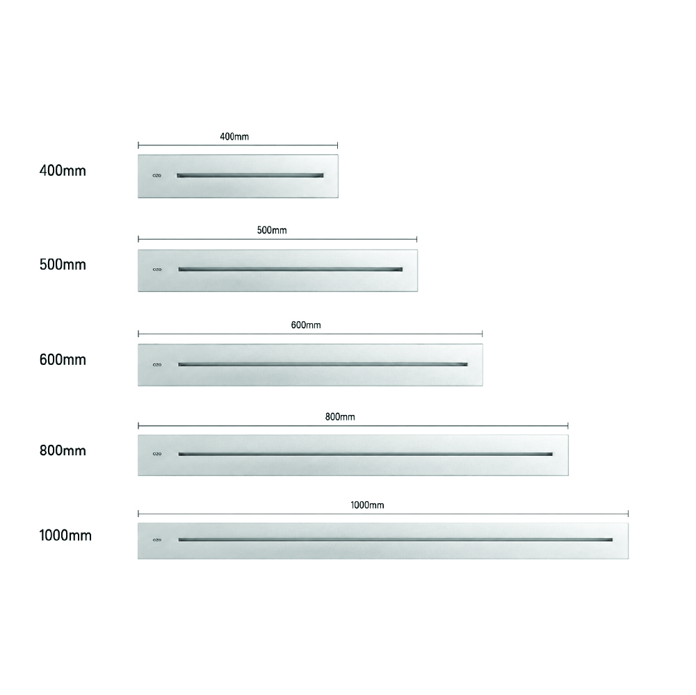 Layout of horizontal drawer handles in varying lengths: 400mm, 500mm, 600mm, 800mm, and 1000mm with slim metal plates and integrated pulls