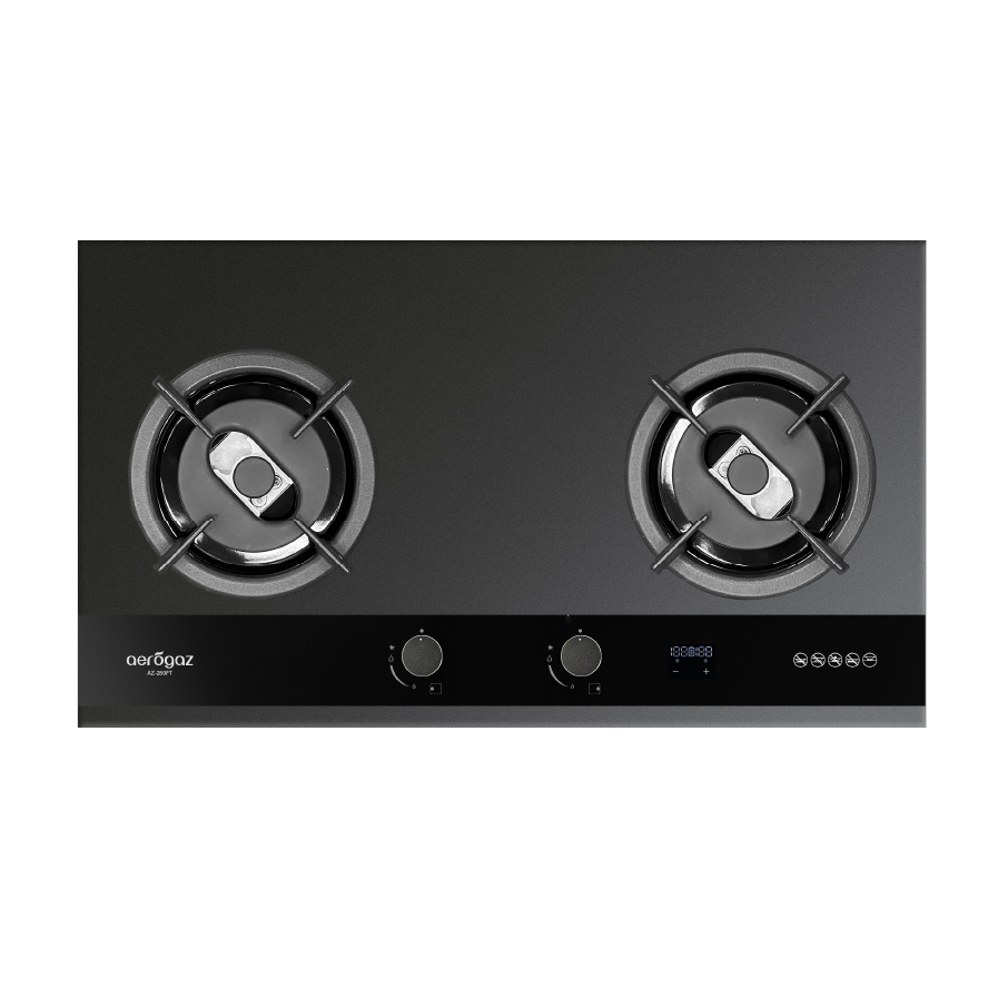 Black glass gas cooktop with two burners and a control panel along the front edge showing knobs and digital display