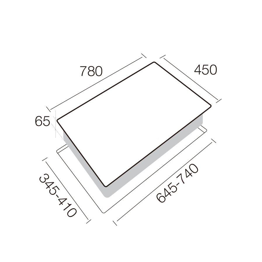 AZ-280FT-02 – Möwe Smart Home Isometric diagram of a rectangular plate with dimension callouts: 780 mm, 450 mm, and thickness 65 mm, with a shadowed base showing longer extents 645–740 mm and 345–410 mm.