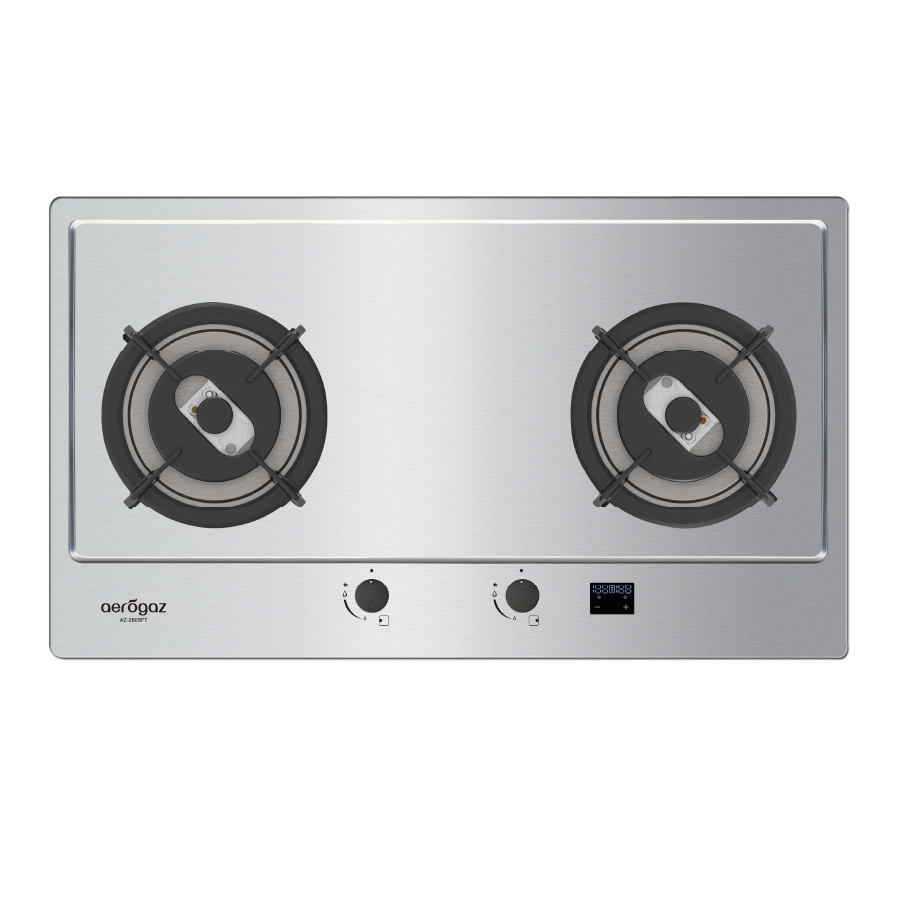 Stainless steel double-burner gas cooktop with two circular burners and control knobs along the front edge.