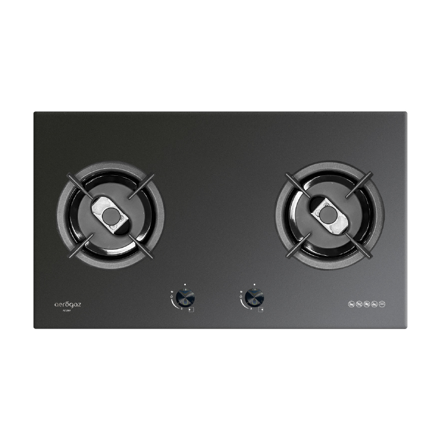 Two-burner gas hob with a sleek black glass surface and control knobs in the center, brand logo visible on the left edge.