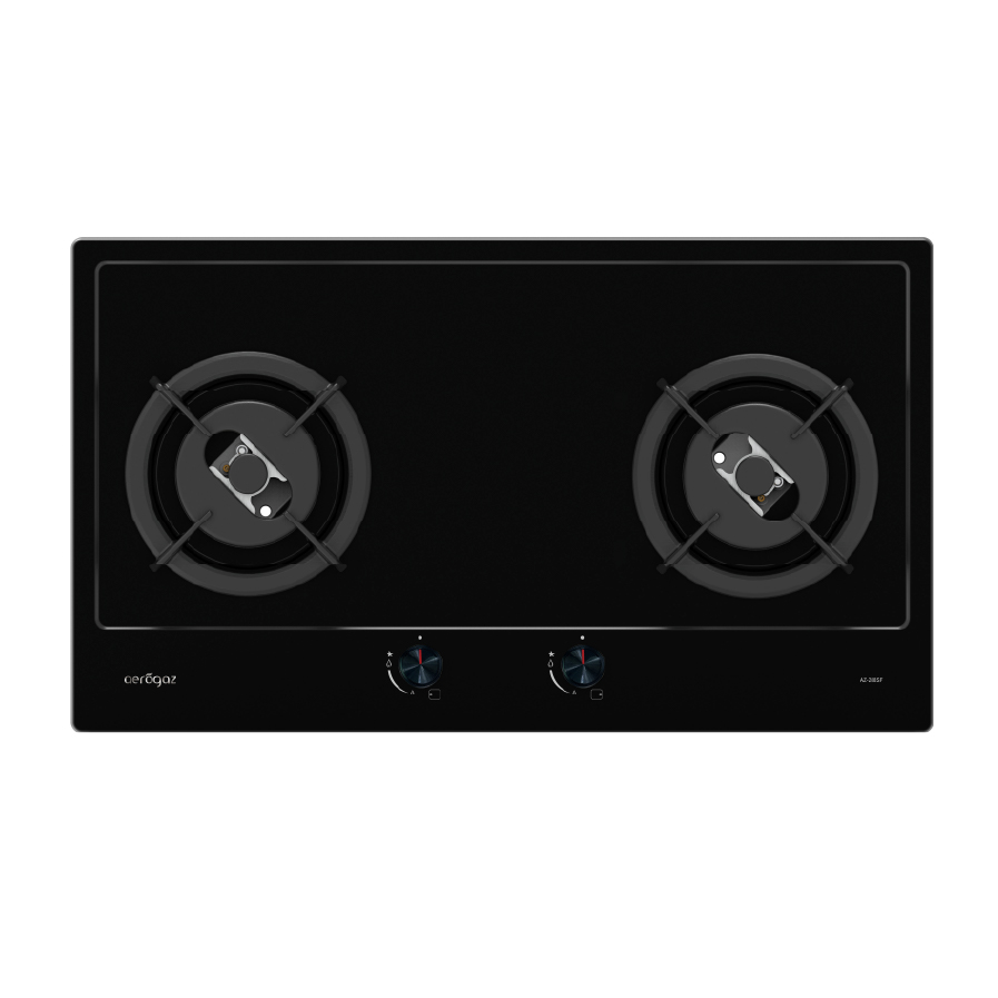 Black glass gas cooktop with two burners, metal grates, and front control knobs.