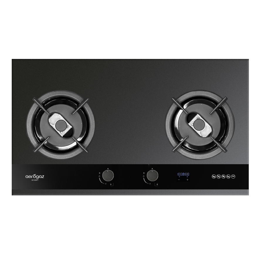 Two-burner gas cooktop on a black glass surface with circular burners and control knobs along the front edge.