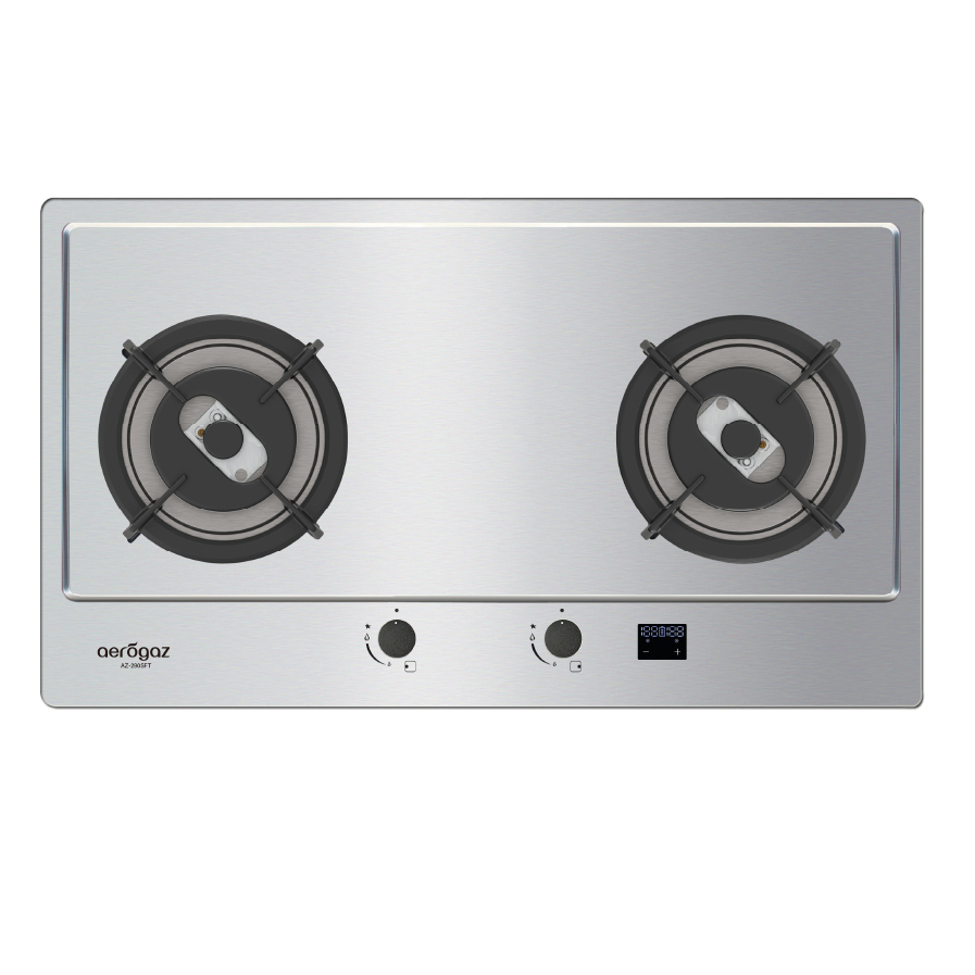Stainless steel gas cooktop with two burners, left and right, and control knobs on the front panel.