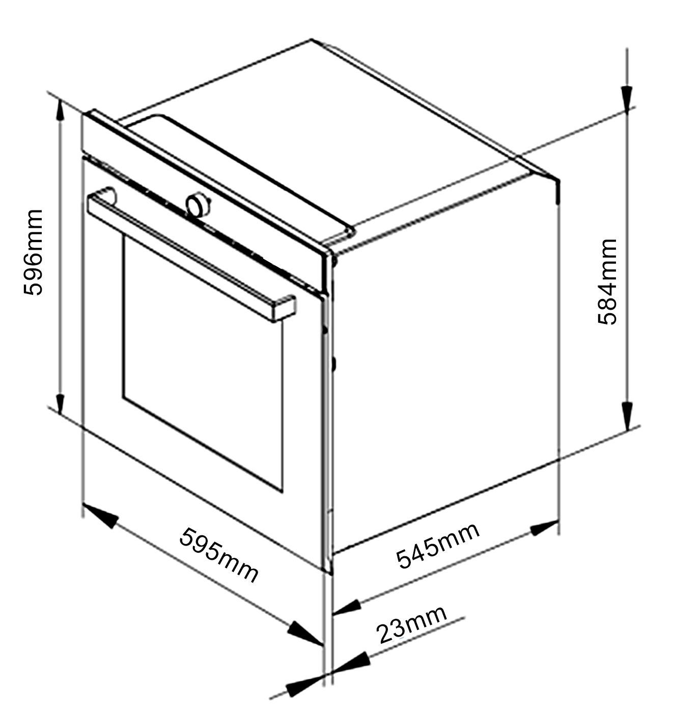 AZ-3209B-3-2026-05 – Möwe Smart Home Isometric diagram of a compact cabinet with a front drawer and door, dimensions: about 595mm wide, 545mm deep, and 596mm high.
