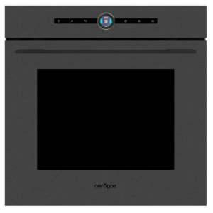 AZ-3209B-3-2026 – Möwe Smart Home Built-in dark gray oven with a circular control dial at the top center and a large glass door at the front.
