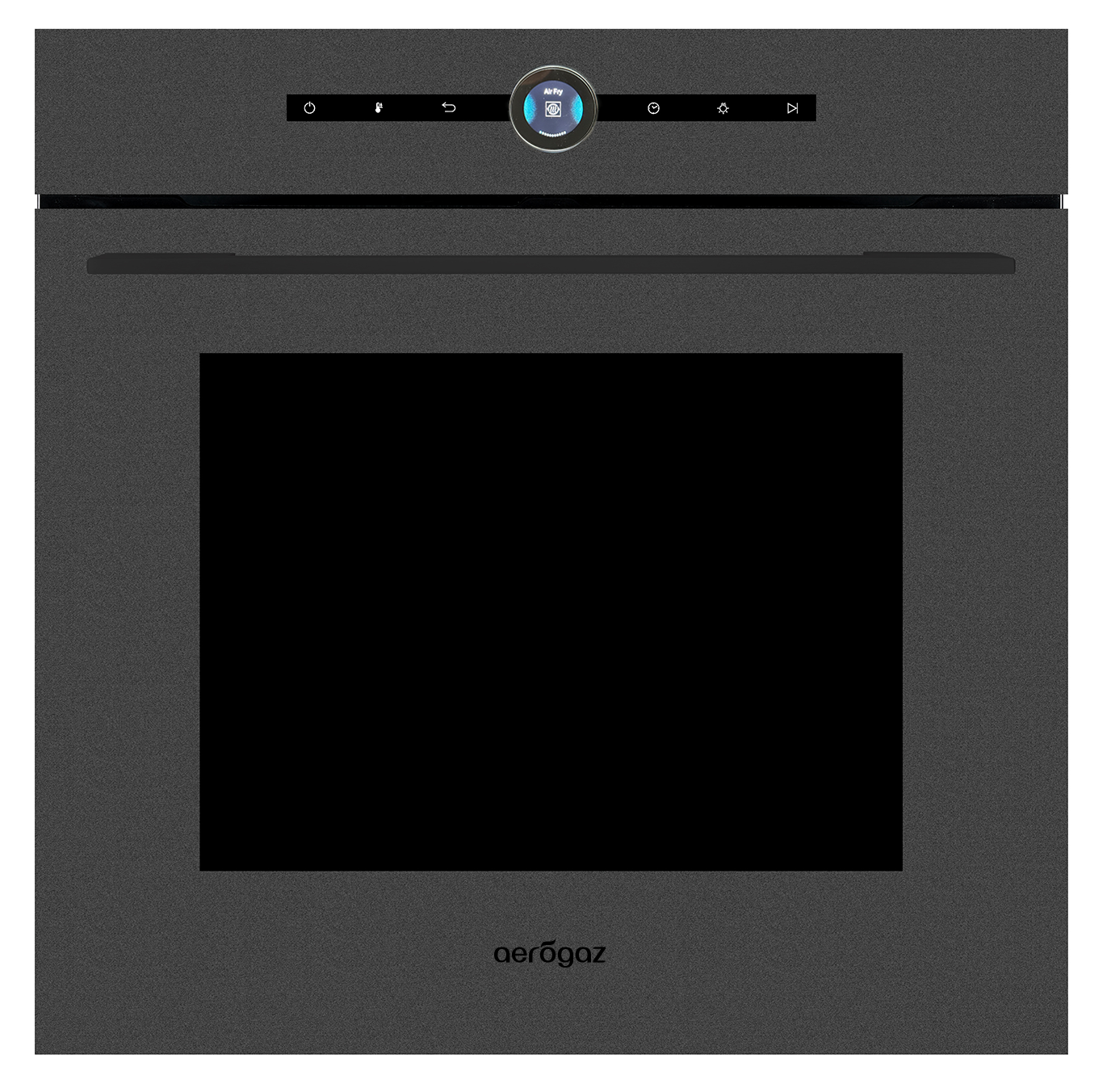 Built-in dark gray oven with a circular control dial at the top center and a large glass door at the front.