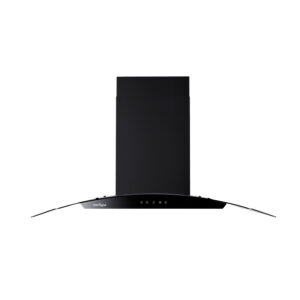 Black curved, canopy-style range hood with a tall chimney, white background behind it.