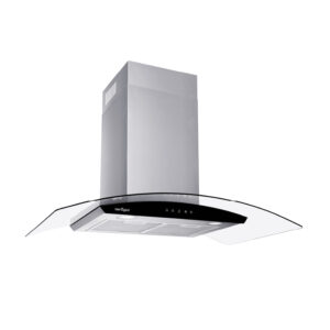 Curved glass and stainless steel kitchen range hood with chimney vent system above stove