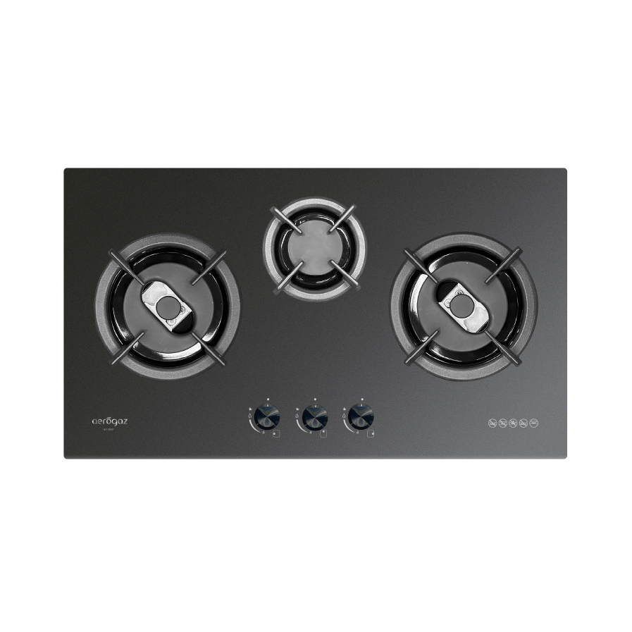 Black glass gas hob with three burners and control knobs along the front edge, top-down view