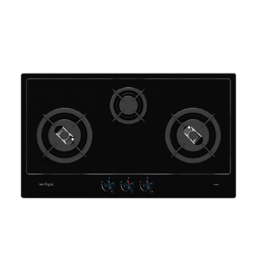 Black glass gas cooktop with three burners and front control knobs in a row.