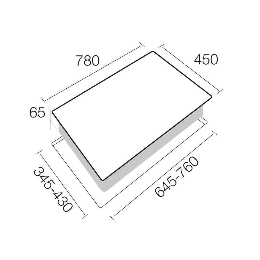 AZ-388SF-02 – Möwe Smart Home Isometric diagram of a rounded-rectangle object with dimension lines: 780 mm by 450 mm, overall length 645–760 mm, with a shadow.