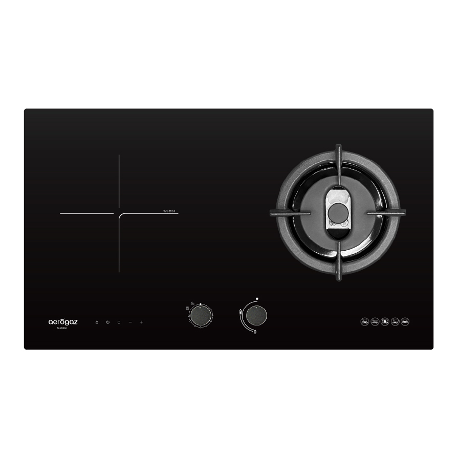 Black glass gas cooktop with a single large right-side burner and minimalist controls along the bottom edge; brand Aerogaz visible on the left.