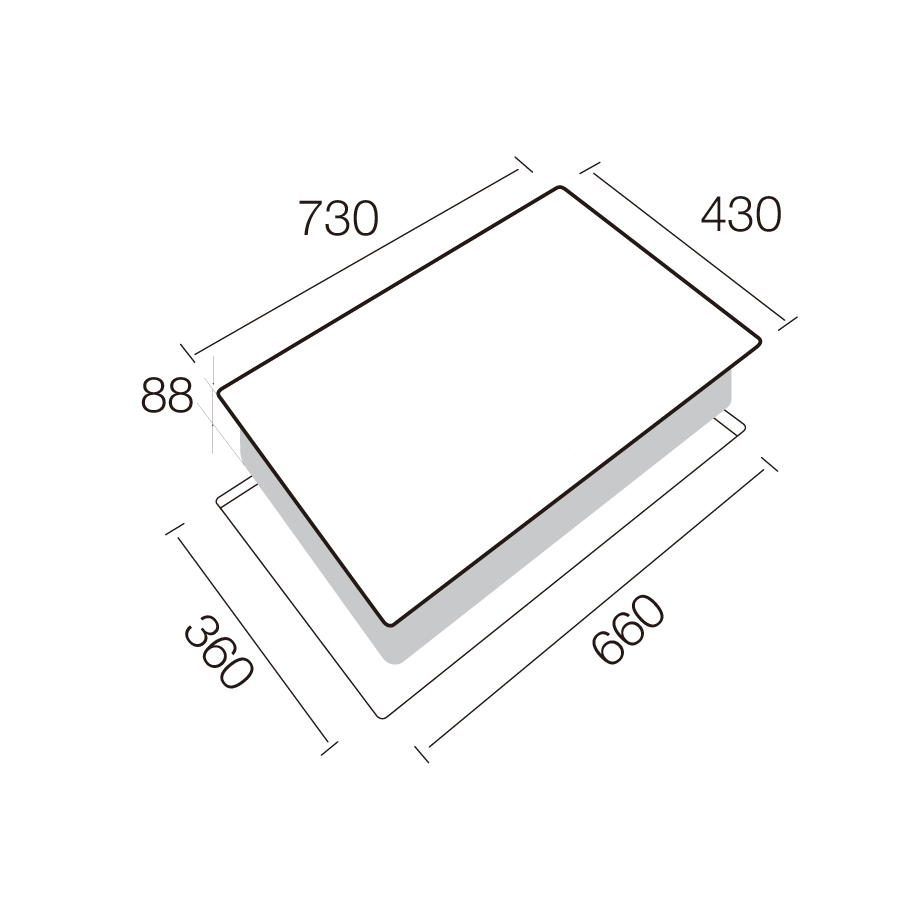 Isometric drawing of a rectangular plate with dimensions labeled 730 by 430, showing a thickness of 88 and a shadow base with a 360 by 660 footprint.