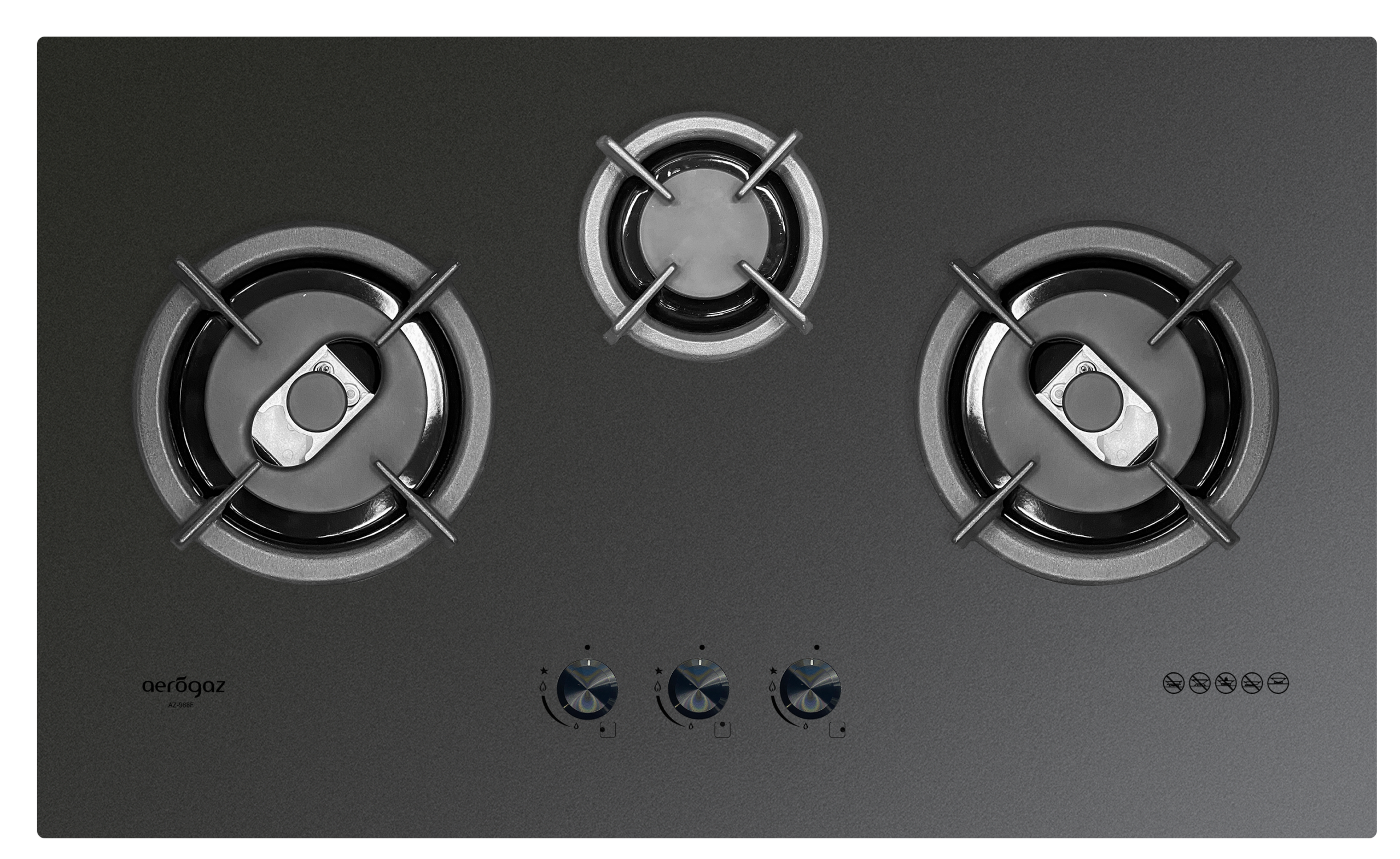 Top view of a three-burner gas cooktop with protective grates and circular burners