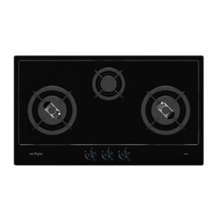 Black glass gas cooktop with three burners (left and right large, center small) and front control knobs.