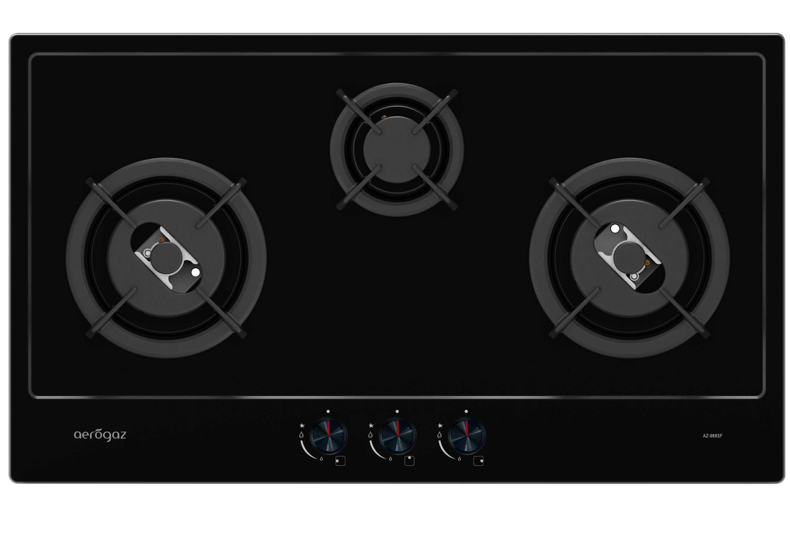 Three-burner gas cooktop on a glossy black surface with metal grates and control dials below (aerogaz branding).