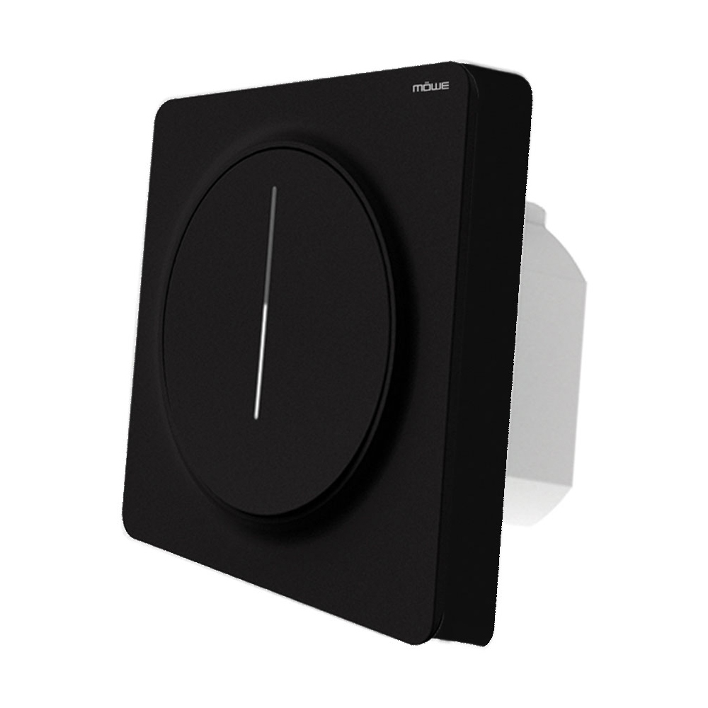 Black square wall dimmer switch with a large circular knob and a vertical indicator line.