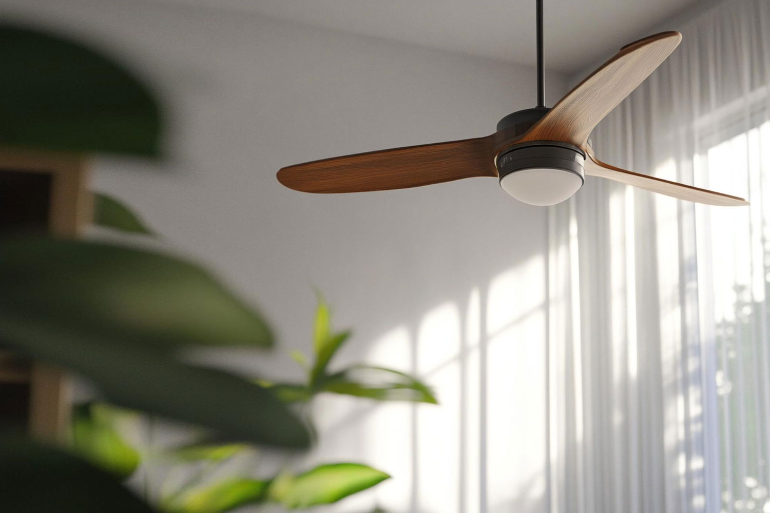 Modern ceiling fan with wooden blades in a bright living room, near sheer white curtains and leafy plants.