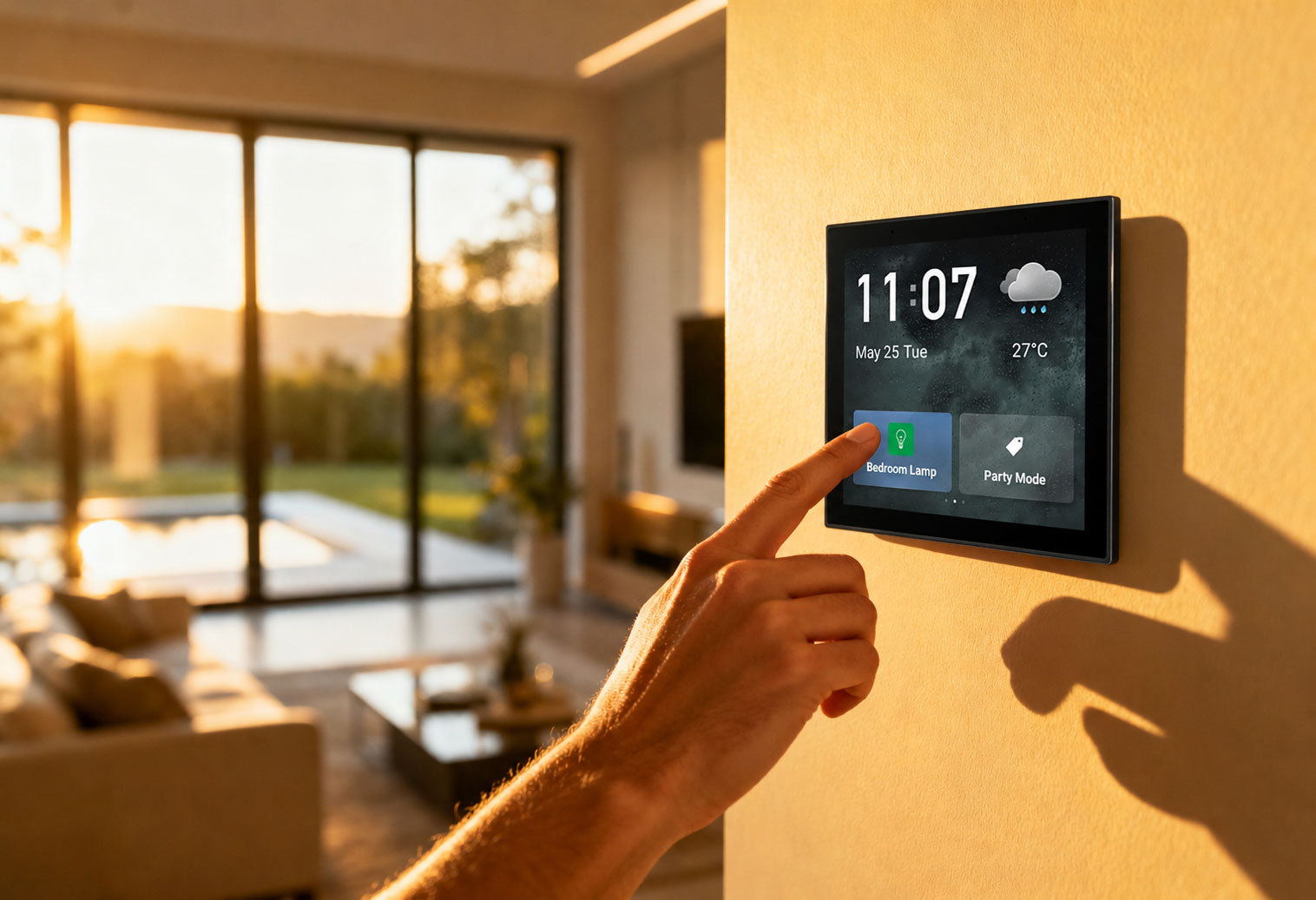 Person taps a wall-mounted smart home control panel displaying time, date, weather, and two tiles (Bedroom Lamp, Party Mode).