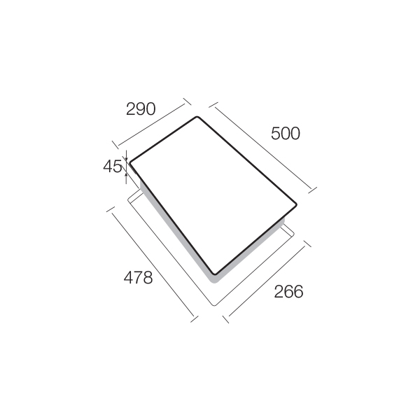 Isometric view of a tilted rectangular block with measurements: length 500 mm, width 266 mm, and thickness 45 mm; projection lines show 290 mm and 478 mm.