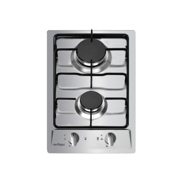 Stainless steel gas hob with two burners and front control knobs.