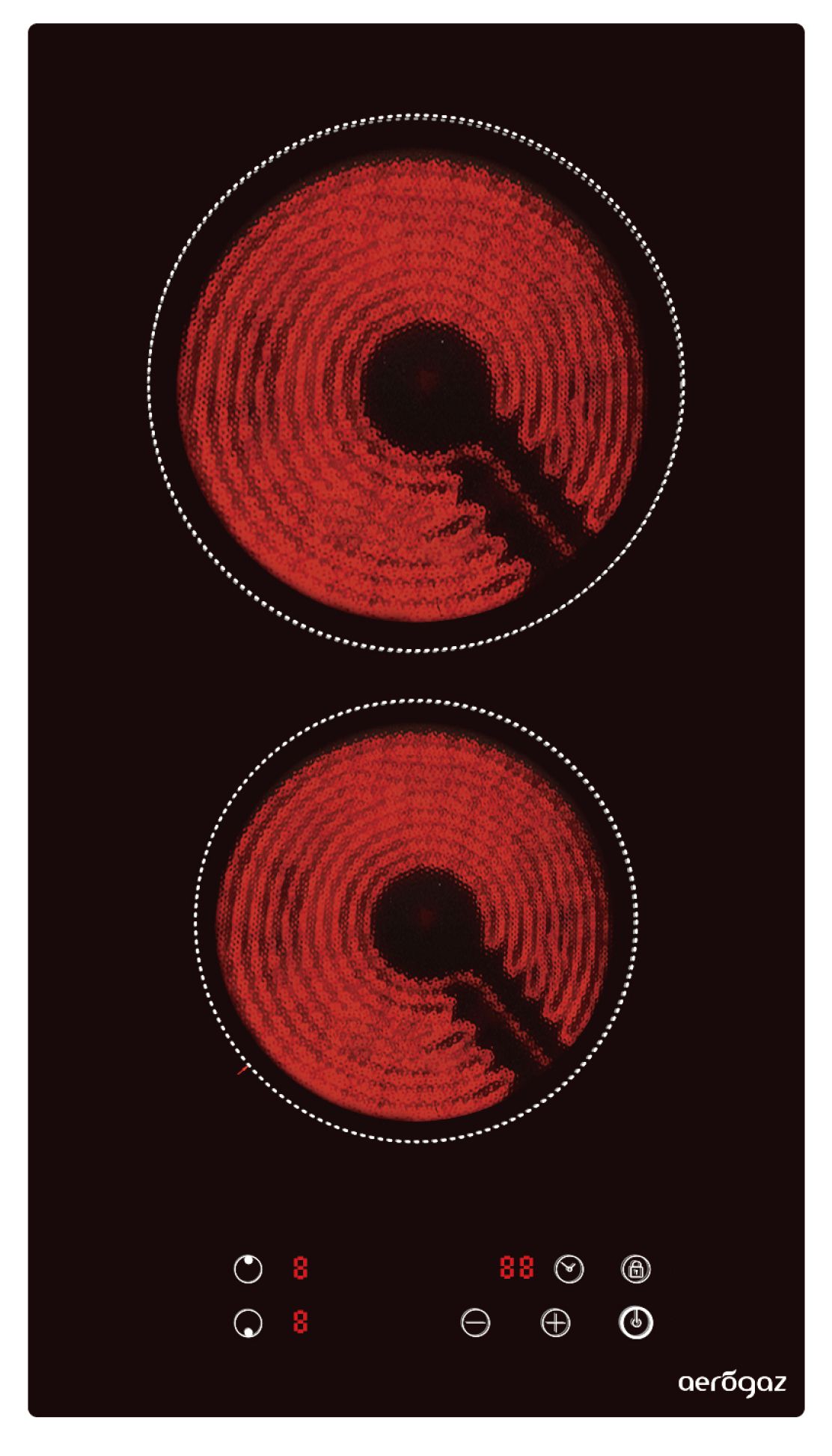 Two red circular radar-like targets with concentric rings inside white dotted outlines, stacked vertically on a dark background (UI element). women's