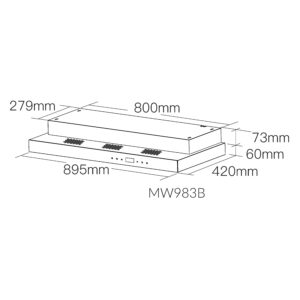Isometric line drawing of a rectangular appliance with dimensions (279mm, 800mm, 73mm, 60mm) labeled on each side and the model MW983B at the bottom.