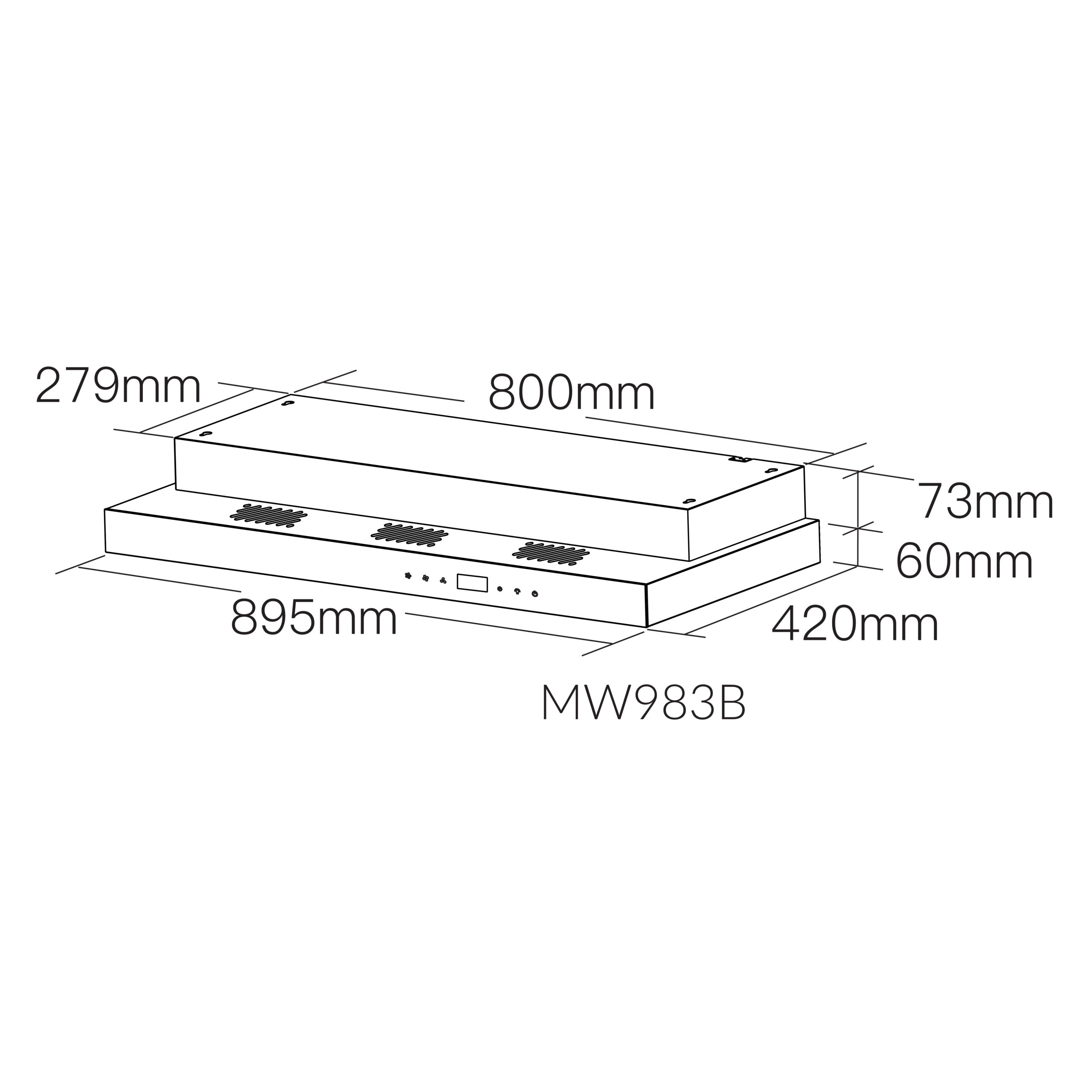 Isometric line drawing of a rectangular appliance with dimensions (279mm, 800mm, 73mm, 60mm) labeled on each side and the model MW983B at the bottom.