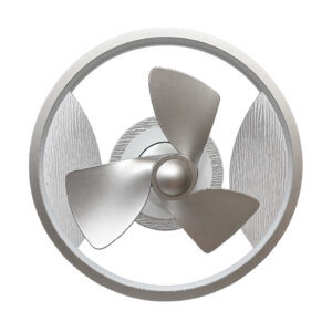 Three-blade metal propeller inside a circular metallic ring.