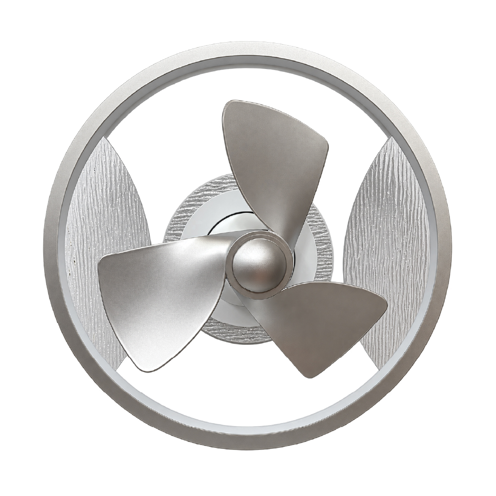 Three-blade metal propeller inside a circular metallic ring.