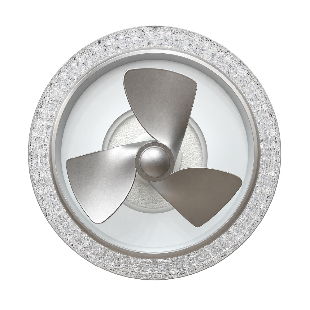 Three-blade metallic ceiling fan inside a crystal-ringed round frame.