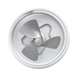 EC52 – Möwe Smart Home Top-down view of a three-blade metal propeller inside a circular metallic housing, seen head-on from above.