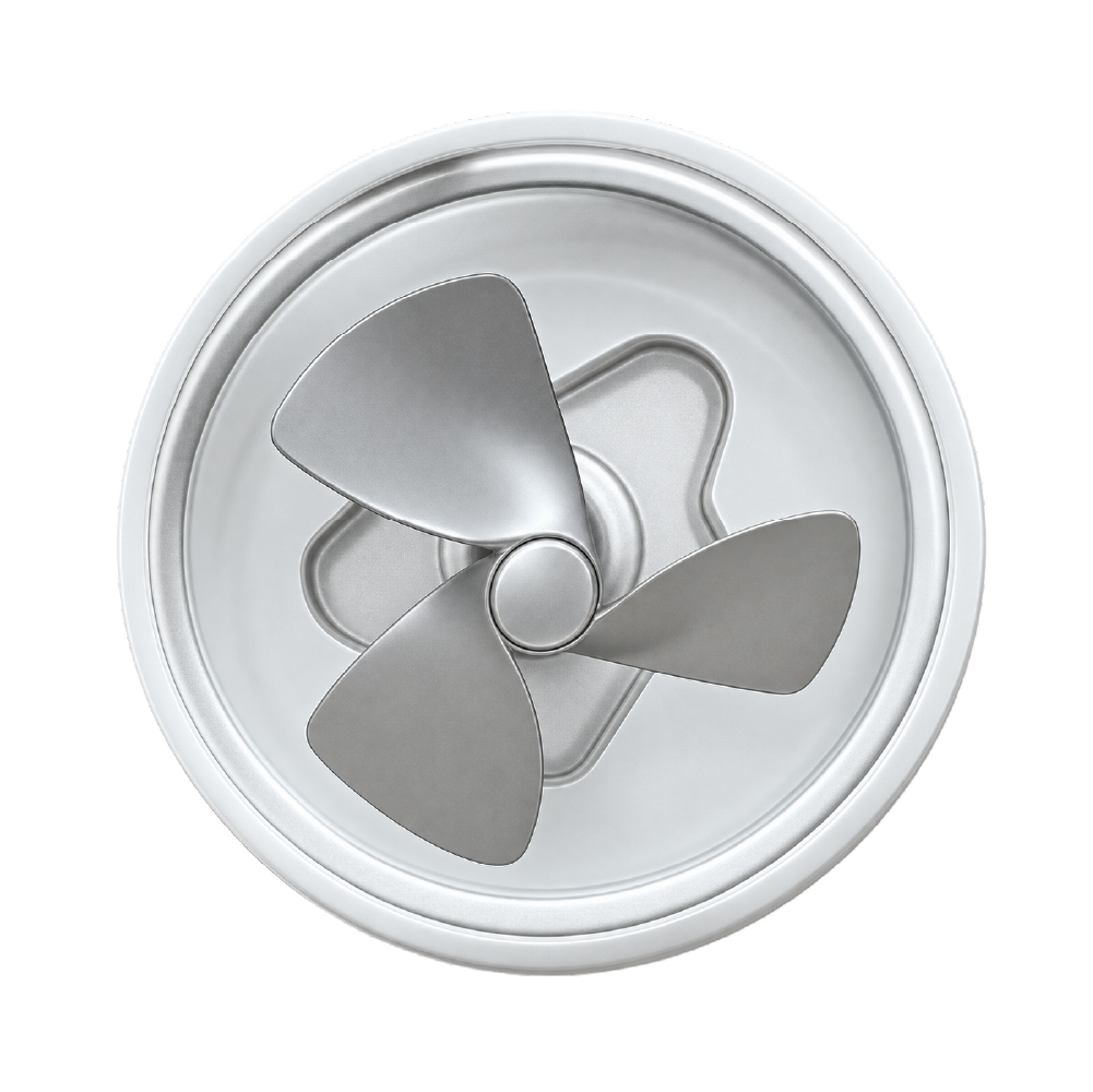 Top-down view of a three-blade metal propeller inside a circular metallic housing, seen head-on from above.