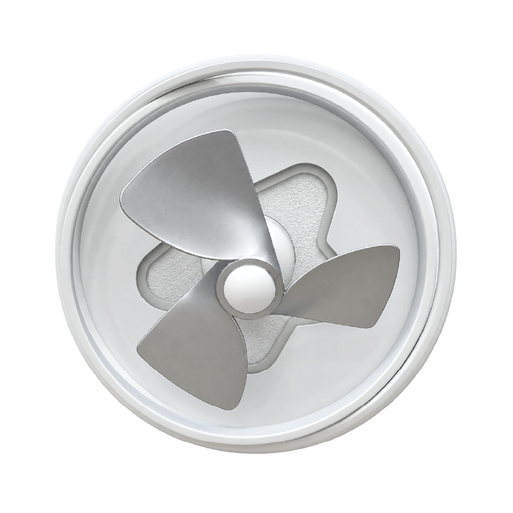 Close-up of a circular white housing containing a three-blade metallic impeller/propeller inside.