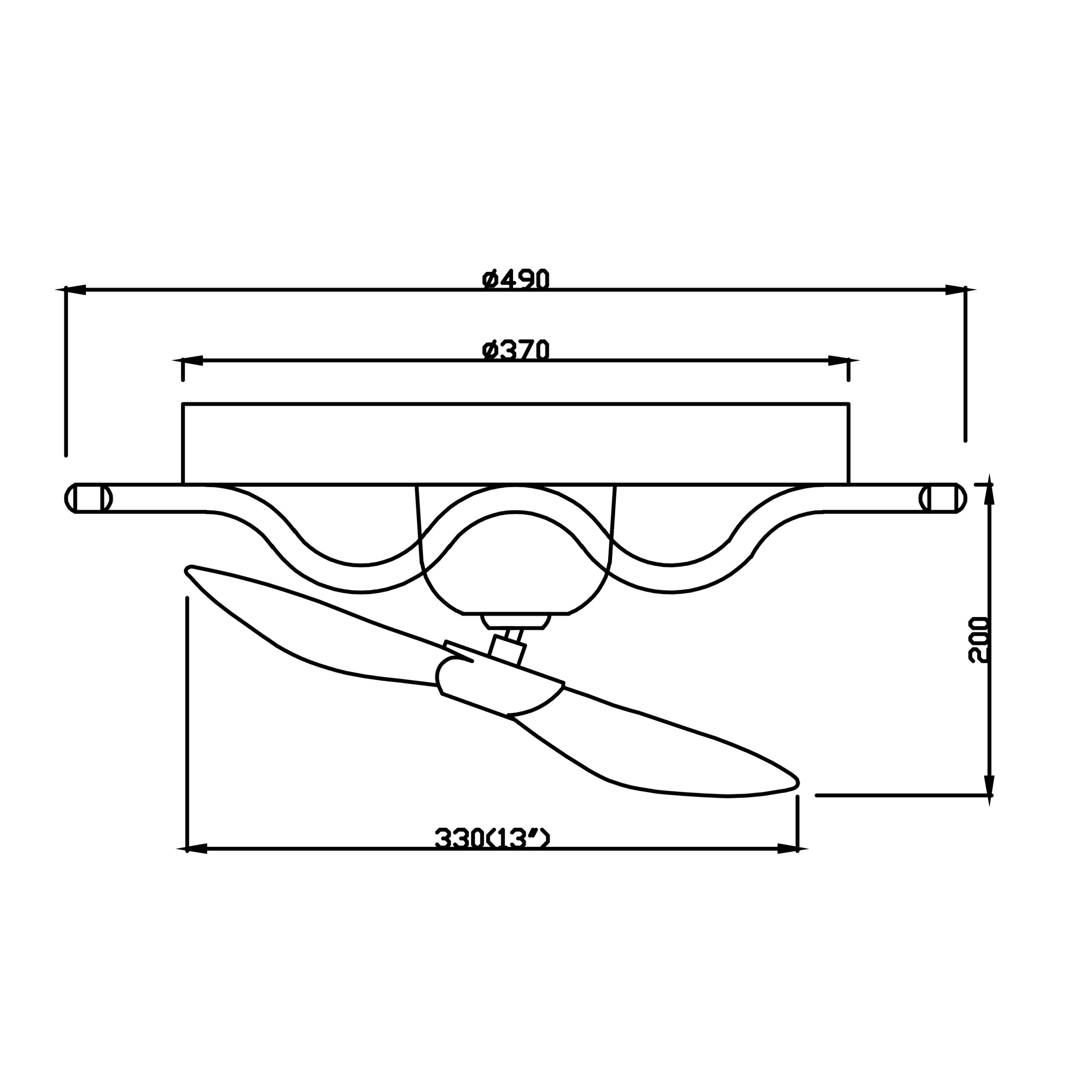 Engineering schematic showing a cylindrical assembly with multiple diameters (Ø490 and Ø370) and curved hoses/valved connections; dimensions marked along the top and bottom.