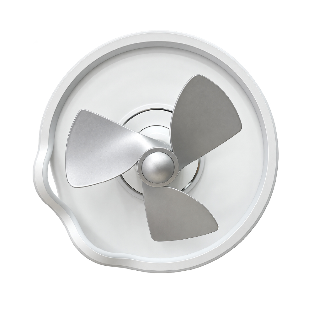 Three metal blades attached to a central hub inside a round white housing, like a small turbine/ventilation propeller.