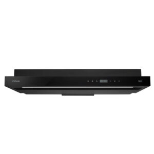 MW938B-01 – Möwe Smart Home Black wall-mounted kitchen range hood with a slim LED display and control panel across the front edge.
