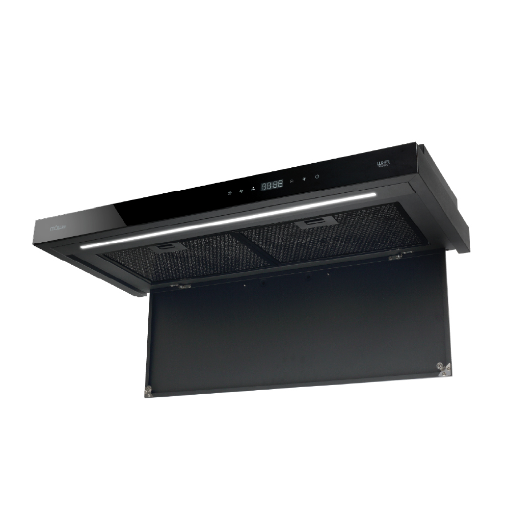 MW938B--02 – Möwe Smart Home Wall-mounted kitchen range hood with two metal filters, LED light strip, and control panel on the front.