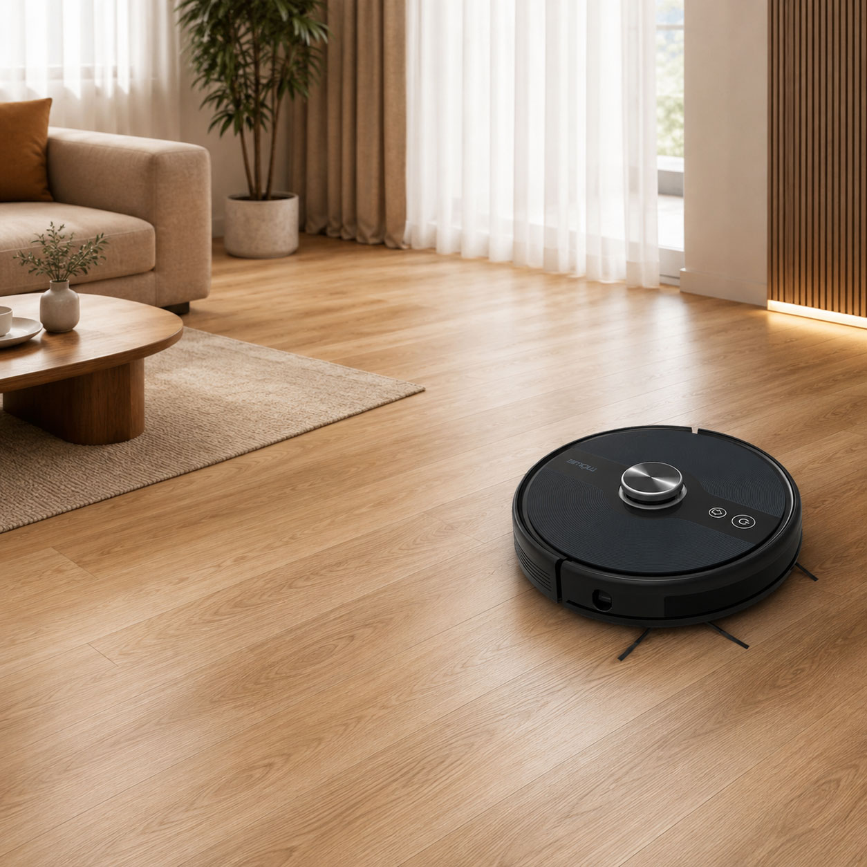 Robotic vacuum cleaner gliding across a hardwood living room floor while a beige sofa and potted plant sit nearby.
