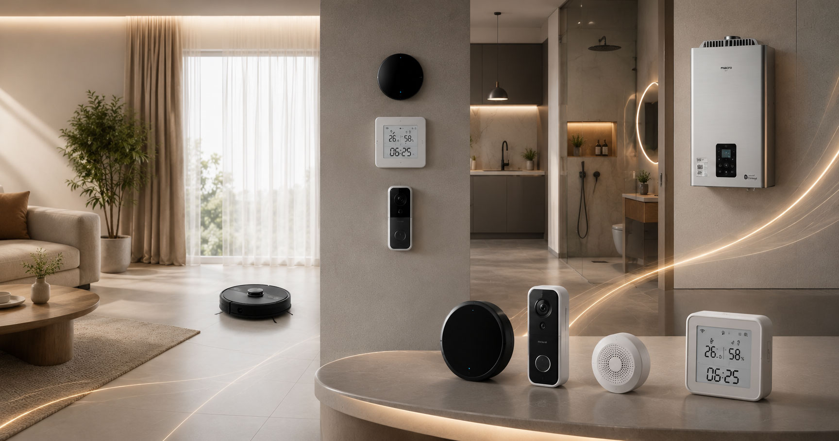 Living area with a full smart-home setup: wall thermostat, video doorbell, intercom, round smart speaker, and a vacuum robot on the floor.